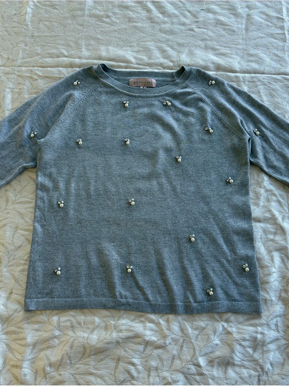 Philosophy Light Gray Pearl-Appliqué Crewneck Sweater
